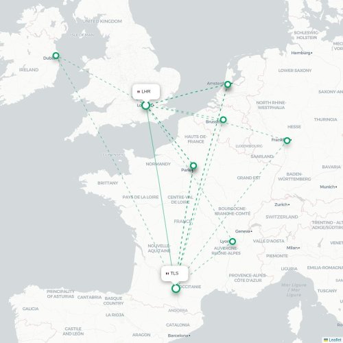 Mapa de vuelo directo Londres - Toulouse