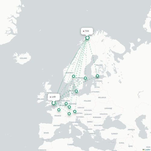 Mapa de vuelo directo Londres - Tromso
