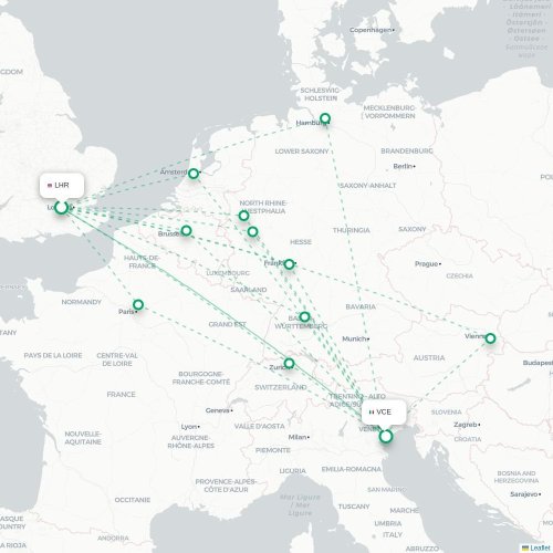 Mapa lotu bezpośredniego Londyn – Wenecja