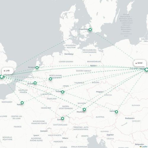 Mapa de vuelo directo Londres - Varsovia