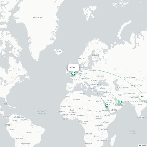 London - Sylhet karta över direktflyg