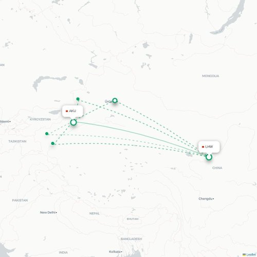 Mapa lotu bezpośredniego Lanzhou – Aksu