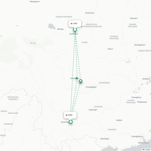 Mapa lotu bezpośredniego Lanzhou – Kunming