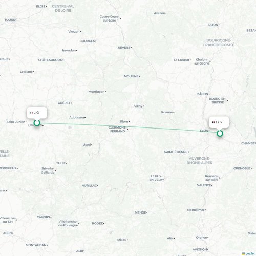 Mapa de vuelo directo Limoges - Lyon