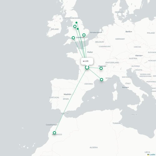Mapa de vuelo directo Limoges - Nottingham