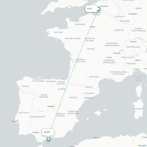 Mapa de vuelo directo Lille - Málaga