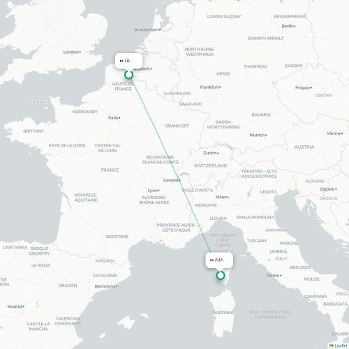 Mapa lotu bezpośredniego Lille – Ajaccio