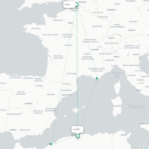 Mapa de vuelo directo Lille - Argel