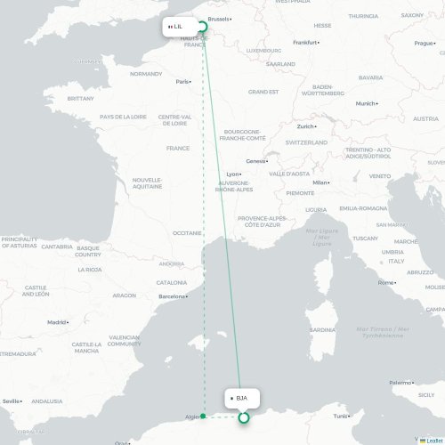 Mapa de vuelo directo Lille - Bugía
