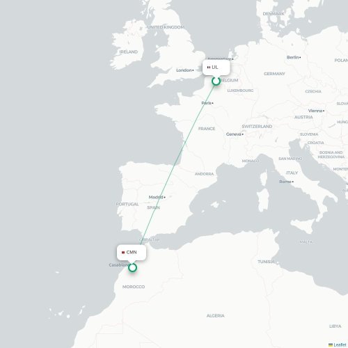 Rijsel - Casablanca kaart van rechtstreekse vlucht
