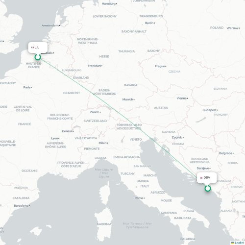 Mapa de vuelo directo Lille - Dubrovnik