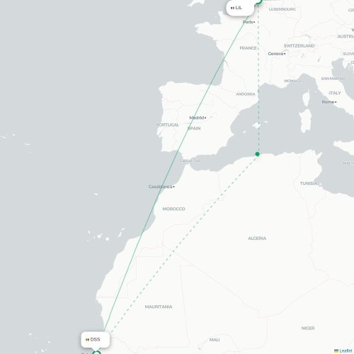 Rijsel - Dakar kaart van rechtstreekse vlucht