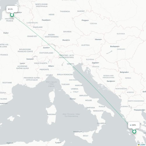 Mapa de vuelo directo Lille - Patrás Occidental