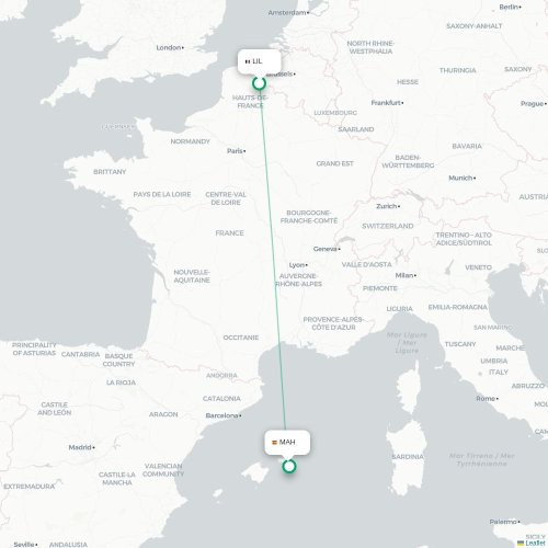 Mapa de vuelo directo Lille - Mahón