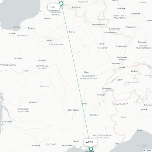 Mapa lotu bezpośredniego Lille – Marsylia