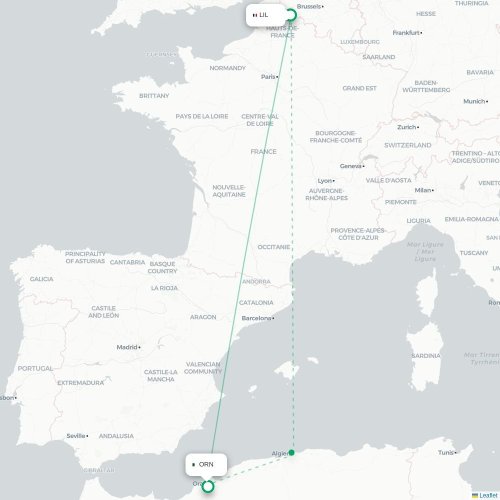 Mapa de vuelo directo Lille - Orán