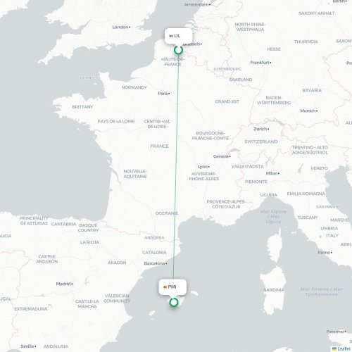 Mapa de vuelo directo Lille - Palma
