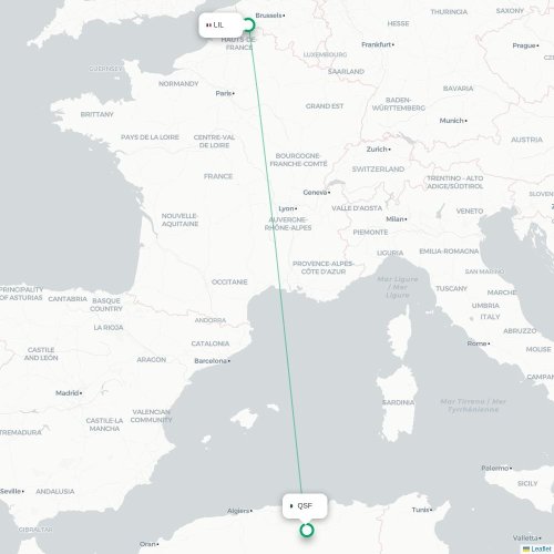 Mapa de vuelo directo Lille - Sétif