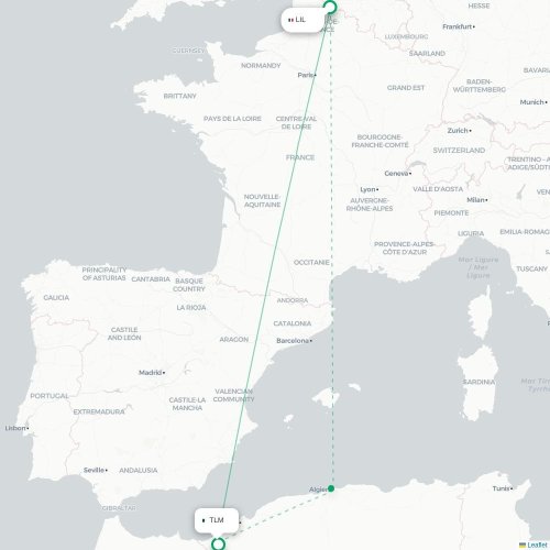 Mapa de vuelo directo Lille - Tremecén