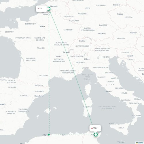 Mapa lotu bezpośredniego Lille – Tunis