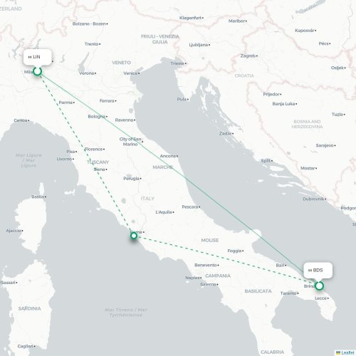 Mapa lotu bezpośredniego Mediolan – Brindisi