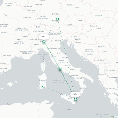 Milano - Catania karta över direktflyg