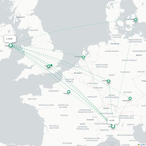 Mapa lotu bezpośredniego Mediolan – Dublin