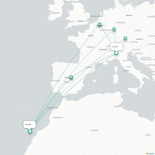 Milano - Las Palmas karta över direktflyg