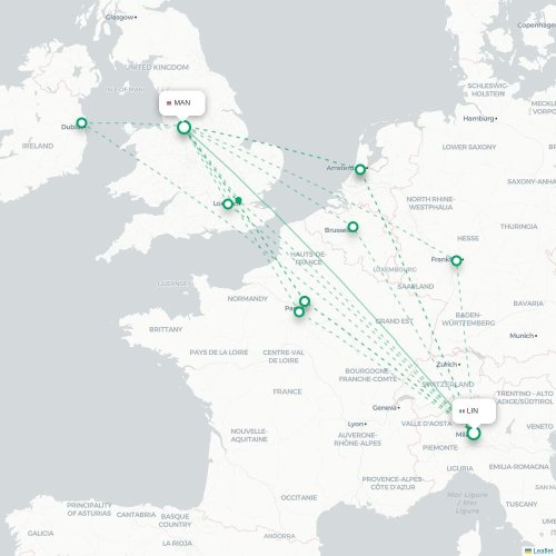 Mapa de vuelo directo Milán - Mánchester