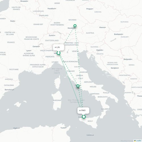 Milano - Palermo karta över direktflyg
