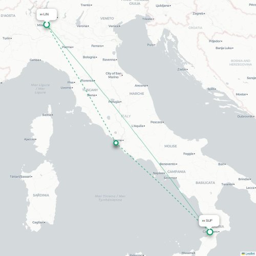 Mapa lotu bezpośredniego Mediolan – Lamezia Terme