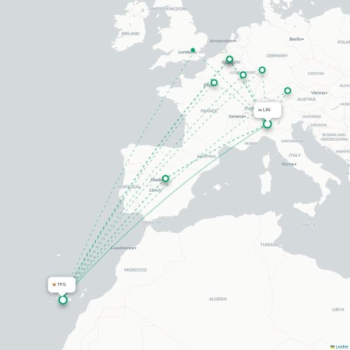 Milano - Teneriffa karta över direktflyg