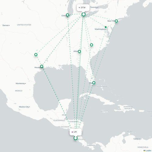 Mapa de vuelo directo Liberia - Detroit