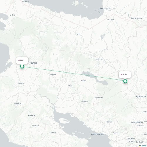 Mapa de vuelo directo Liberia - La Fortuna