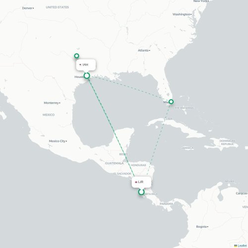 Liberia - Houston kaart van rechtstreekse vlucht