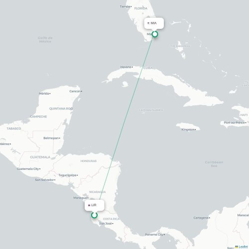Liberia - Miami kaart van rechtstreekse vlucht