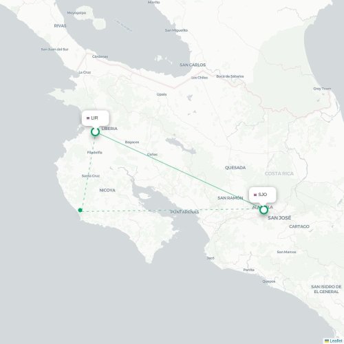 Mapa de vuelo directo Liberia - San José