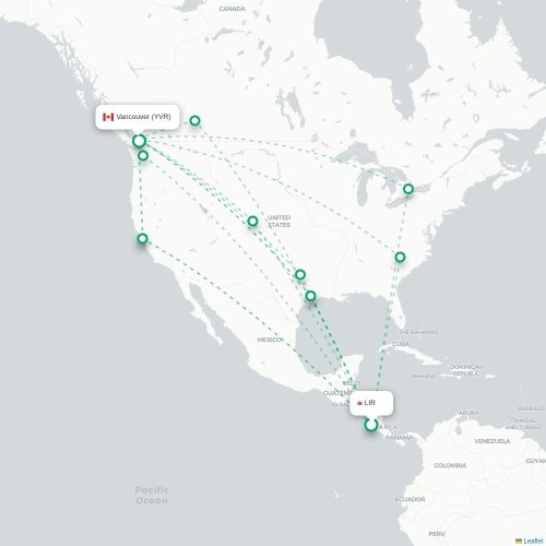 Mapa de vuelo directo Liberia - Vancouver