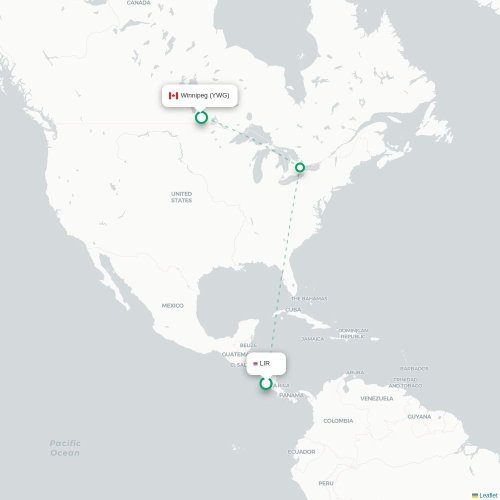 Mapa de vuelo directo Liberia - Winnipeg
