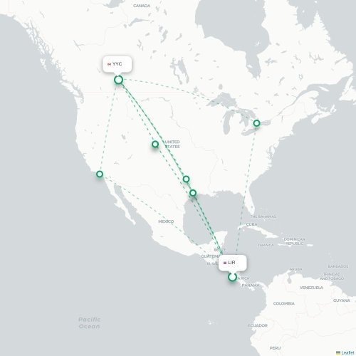 Mapa de vuelo directo Liberia - Calgary