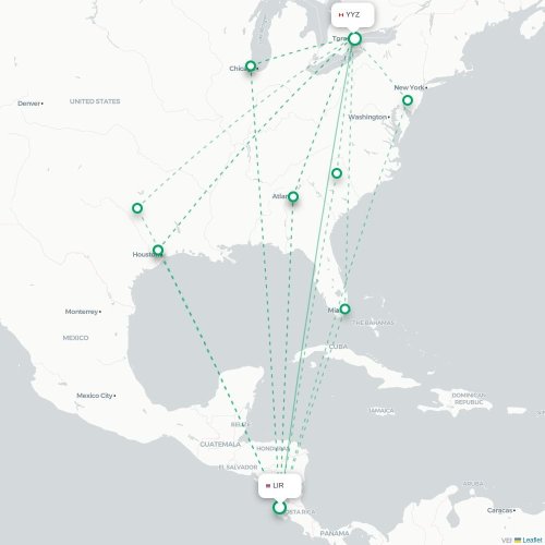 Mapa de vuelo directo Liberia - Toronto