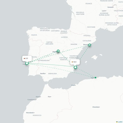 Mapa de vuelo directo Lisboa - Alicante