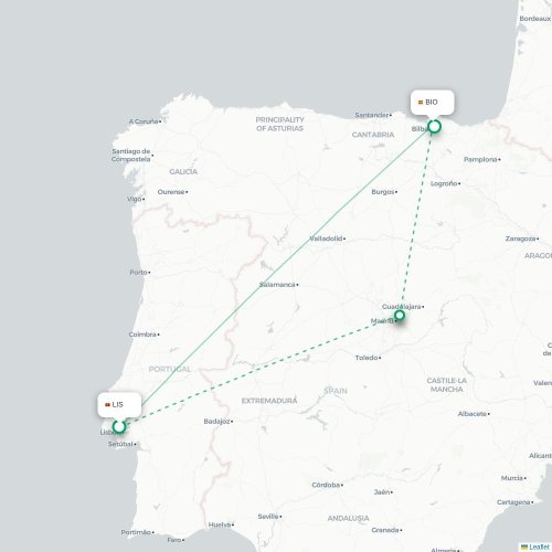 Mapa de vuelo directo Lisboa - Bilbao