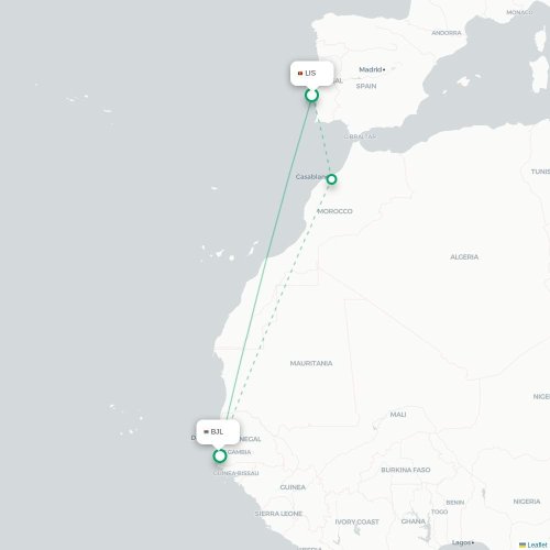Lissabon - Banjul karta över direktflyg