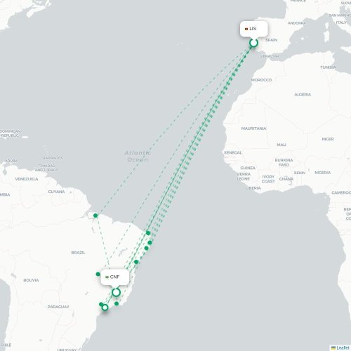 Mapa lotu bezpośredniego Lizbona – Belo Horizonte