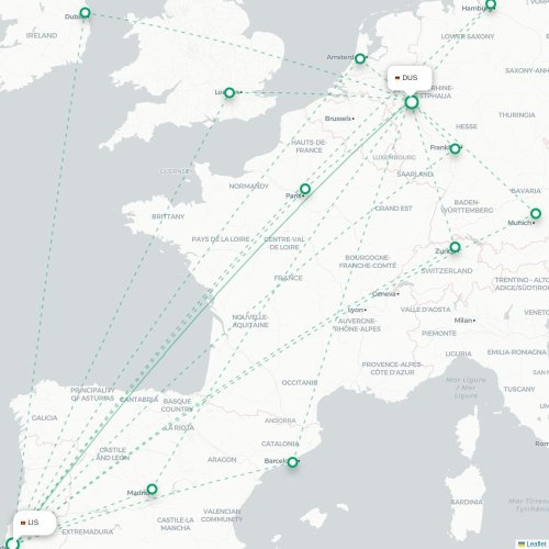 Lissabon - Dusseldorf karta över direktflyg