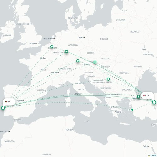 Lissabon - Ankara karta över direktflyg