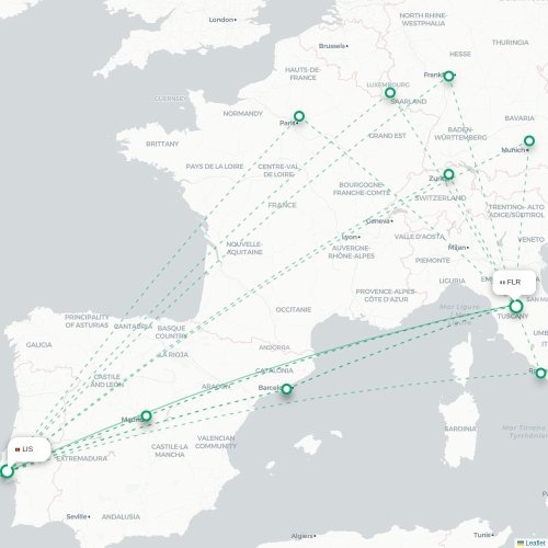 Mapa lotu bezpośredniego Lizbona – Florencja