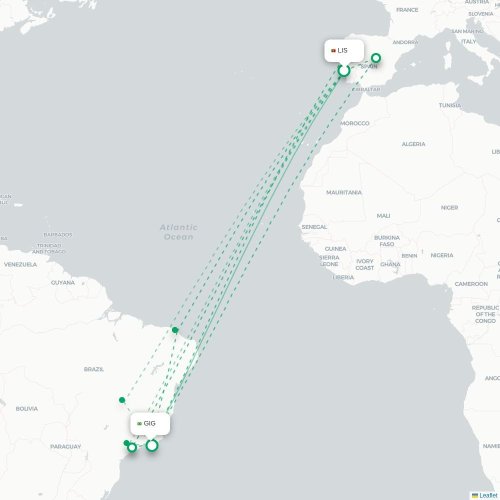 Mapa lotu bezpośredniego Lizbona – Rio de Janeiro