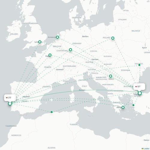 Lissabon - Istanbul karta över direktflyg